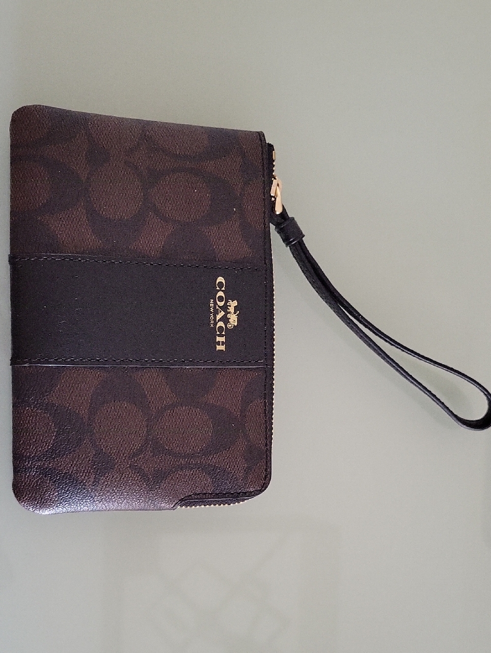 Coach Brown and Black Signature Corner Zip Wristlet with Gold Logo